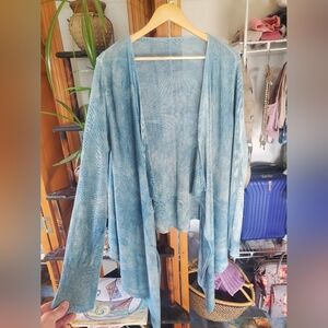 Pure, Graceful 100% Linen Knit Plant Dyed Blue Open Front Waterfall Cardigan M